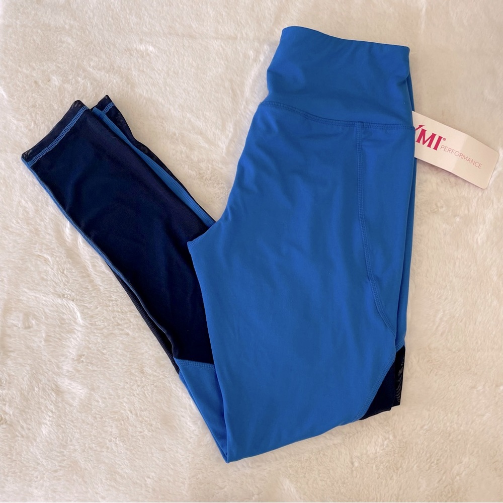 YMI Performance Leggings, Princess Blue with navy blue mesh inserts, NWT, L